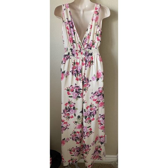 Forever 21 Ivory Floral V Neck Sleeveless Necklace Lined Maxi Women's Dress S - Picture 4 of 6